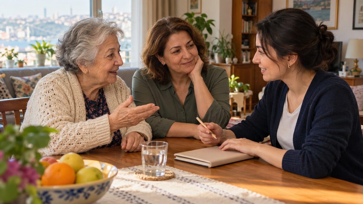 Evde günlük bakım planını konuşan yaşlı kadın, yakını ve bakıcı